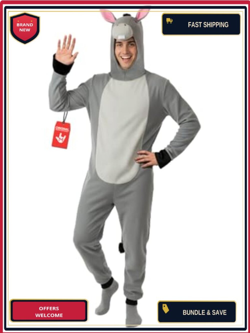 Adult Donkey Costume Fleece Jumpsuit with Hood and Tail for Halloween